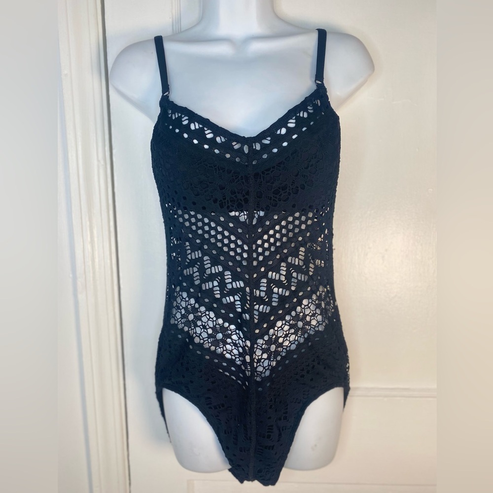 Robin Piccone Mia Crochet Black Lace V-Neck Swimsuit
